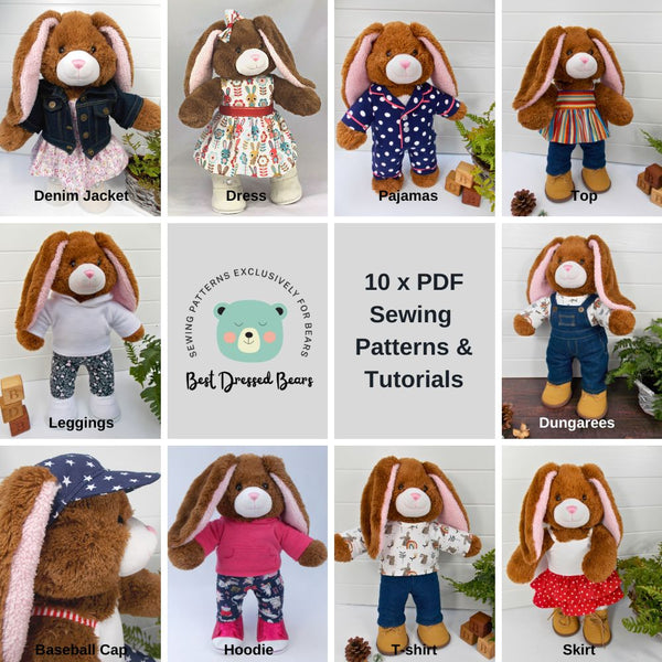 Grid contains 10 photos of teddy bears wearing different outfits. All outfits were made from sewing patterns by Best Dressed Bears.