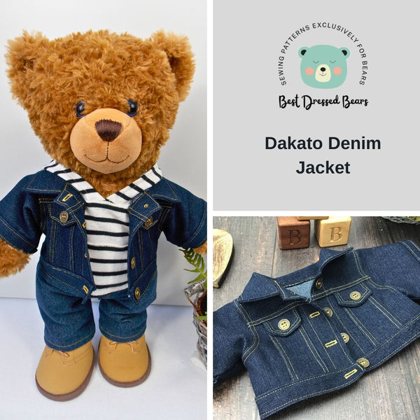 Main photo shows a Build a Bear teddy bear wearing a blue denim jacket, black and white striped hoodie and blue denim jeans standing in front of a white background. The smaller photo shows the teddy bear denim jacket lying on a wooden surfact. The teddy bear jacket, teddy bear hoodie & teddy bear jeans have been made from sewing patterns by Best Dressed Bears.