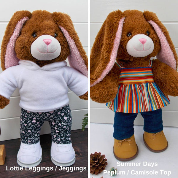 The left-hand photo shows a brown teddy bear wearing a white hoodie, black leggings with a pink and white heart shape pattern & white trainers. The right-hand photo shows a brown teddy bear wearing a striped peplum top, blue denim jeggings & sand coloured boots. The teddy bear t-shirt, teddy bear pants and teddy hoodie have all been made from sewing patterns by Best Dressed Bears.