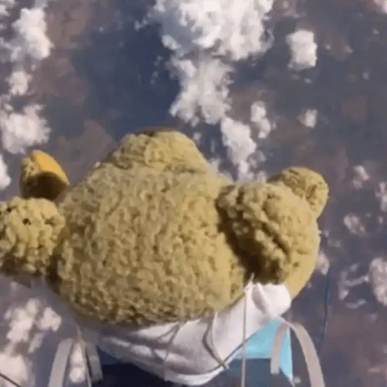 Babbage - the space bear. Photo shows a teddy bear falling through clouds