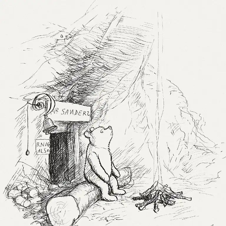 Pencil drawing of Winnie the Pooh sitting on a log