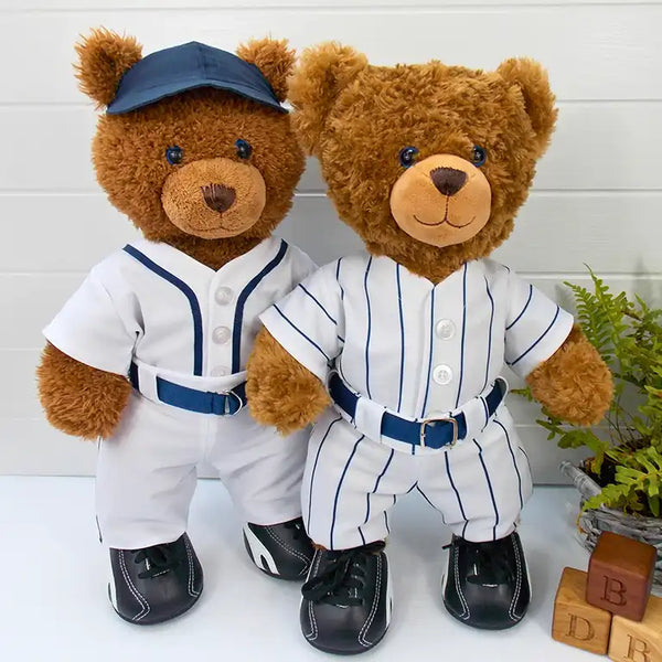 2 Build a Bear teddy bears wearing baseball outfits. 