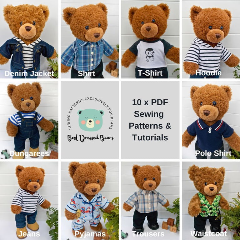 Grid contains 10 photos of teddy bears wearing different outfits. All outfits were made from sewing patterns by Best Dressed Bears.