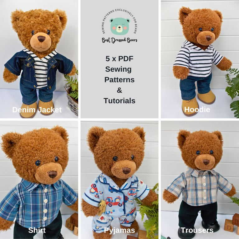 Photo Grid showing 5 teddy bears in different outfits as follows: top left hand corner – teddy bear in denim jacket, hoodie & denim jeans; top right hand corner – teddy bear in hoodie & denim jeans; bottom left hand corner – teddy bear in checked shirt & trousers; bottom middle – teddy bear in pajamas/pyjamas; and bottom right hand corner - teddy bear in checked shirt & trousers. All teddy bear clothes made with sewing patterns by Best Dressed Bears
