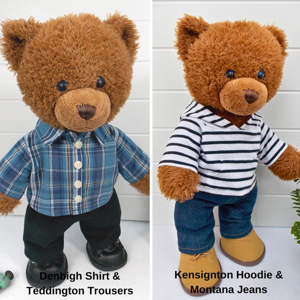 Left hand photo shows a brown teddy bear wearing a blue checked shirt, black trousers and black shoes. The right hand phot shows a brow teddy bear wearing a black & white striped hoodie, blue denim jeans & sand coloured boots. The teddy bear shirt, teddy bear trousers, teddy bear hoodie, and teddy bear jeans have all been made from sewing patterns by Best Dressed Bears.