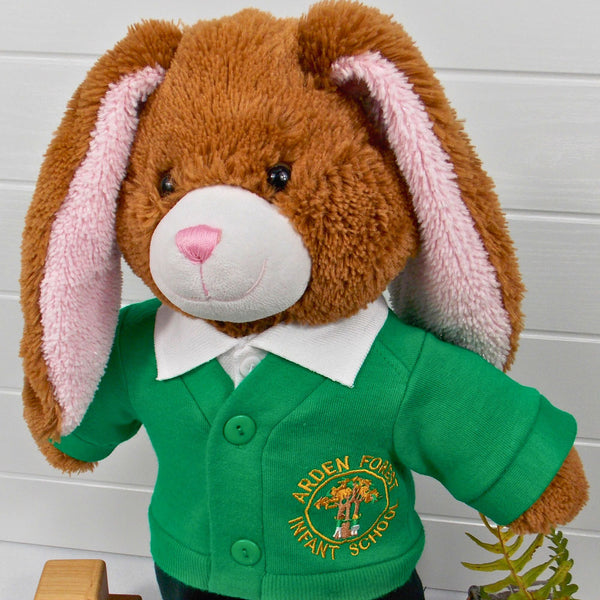 Build a bear teddy bear wearing a green school cardigan and white polo t-shirt. The teddy bear is standing in front of a white background with a green fern plant to the right. The teddy bear school cardigan and teddy bear t-shirt are made from sewing patterns from Best Dressed Bears.
