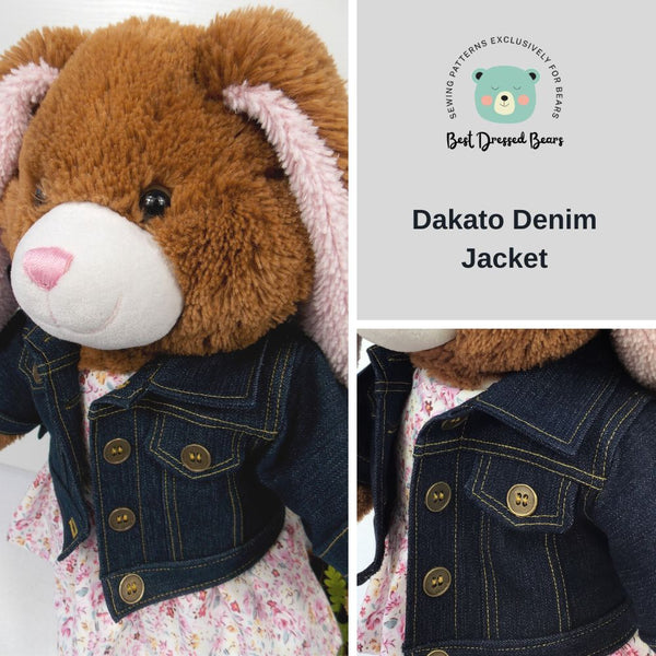 Build a bear teddy bear wearing a blue denim jacket, and a pink and white patterned dress. The teddy bear denim jacket and teddy bear dress have been made from sewing patterns by Best Dressed Bears.