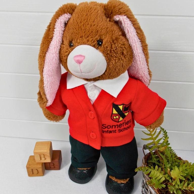 A brown teddy bear wearing a red school cardigan, a white polo t-shirt, black pants & black shoes. The teddy bear is standing in front of a white background with a green fern plant to the right and wooden bricks to the left. The teddy bear school cardigan, teddy bear t-shirt and teddy bear pants are all made from sewing patterns by Best Dressed Bears.